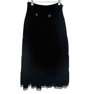 Autograph‎ NY Black Velvet Tiered Lace Trim Midi Skirt Size 8 Whimsygoth Witchy